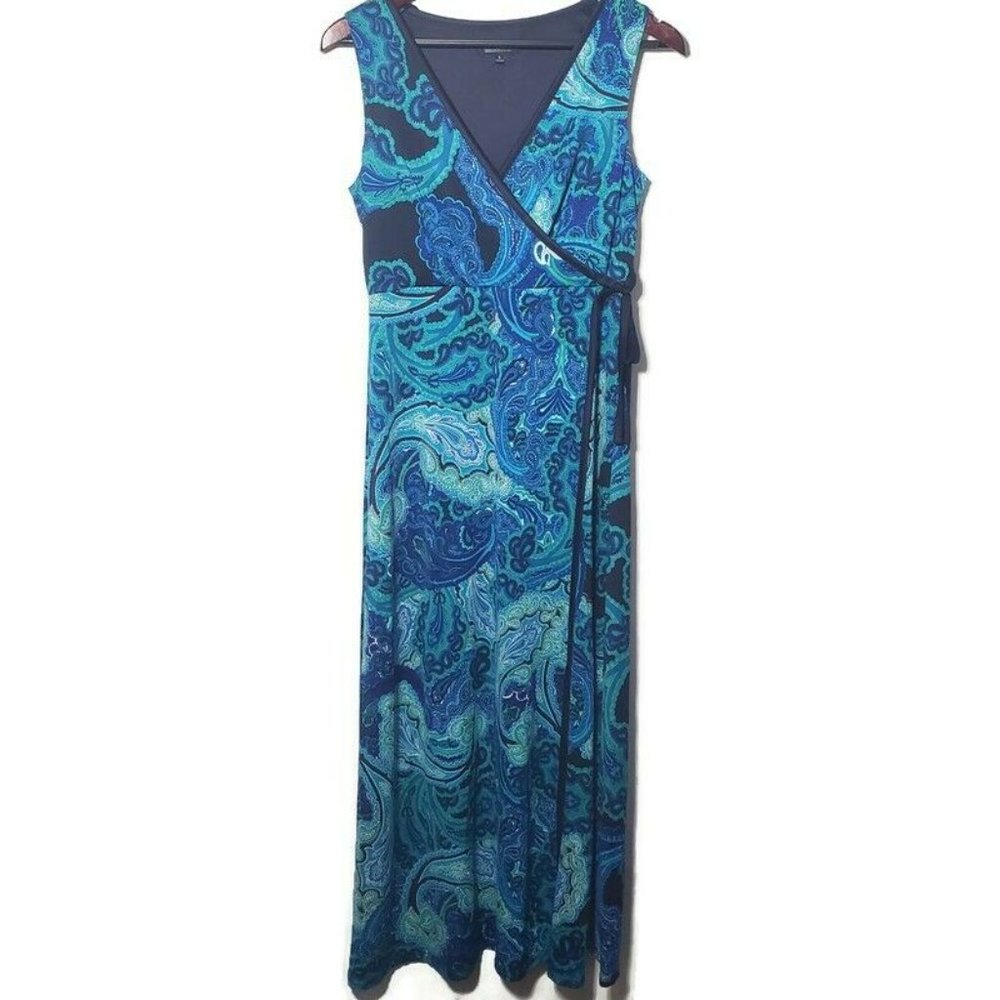 Glamour Maxi Dress Sleeveless Cross Bodice Tie Accent Split Hem Paisley Print 6